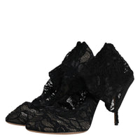 Dolce & Gabbana Black Lace Stretch Heels Mid Calf Boots Shoes