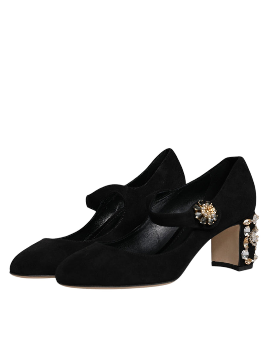 Dolce & Gabbana Black Suede Crystal Mary Jane Heels Shoes