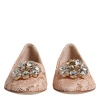 Dolce & Gabbana Beige Lace Crystal Ballet Flats Loafers Shoes