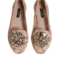 Dolce & Gabbana Beige Lace Crystal Ballet Flats Loafers Shoes