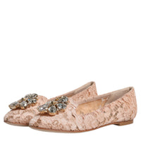 Dolce & Gabbana Beige Lace Crystal Ballet Flats Loafers Shoes