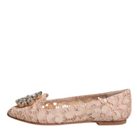 Dolce & Gabbana Beige Lace Crystal Ballet Flats Loafers Shoes