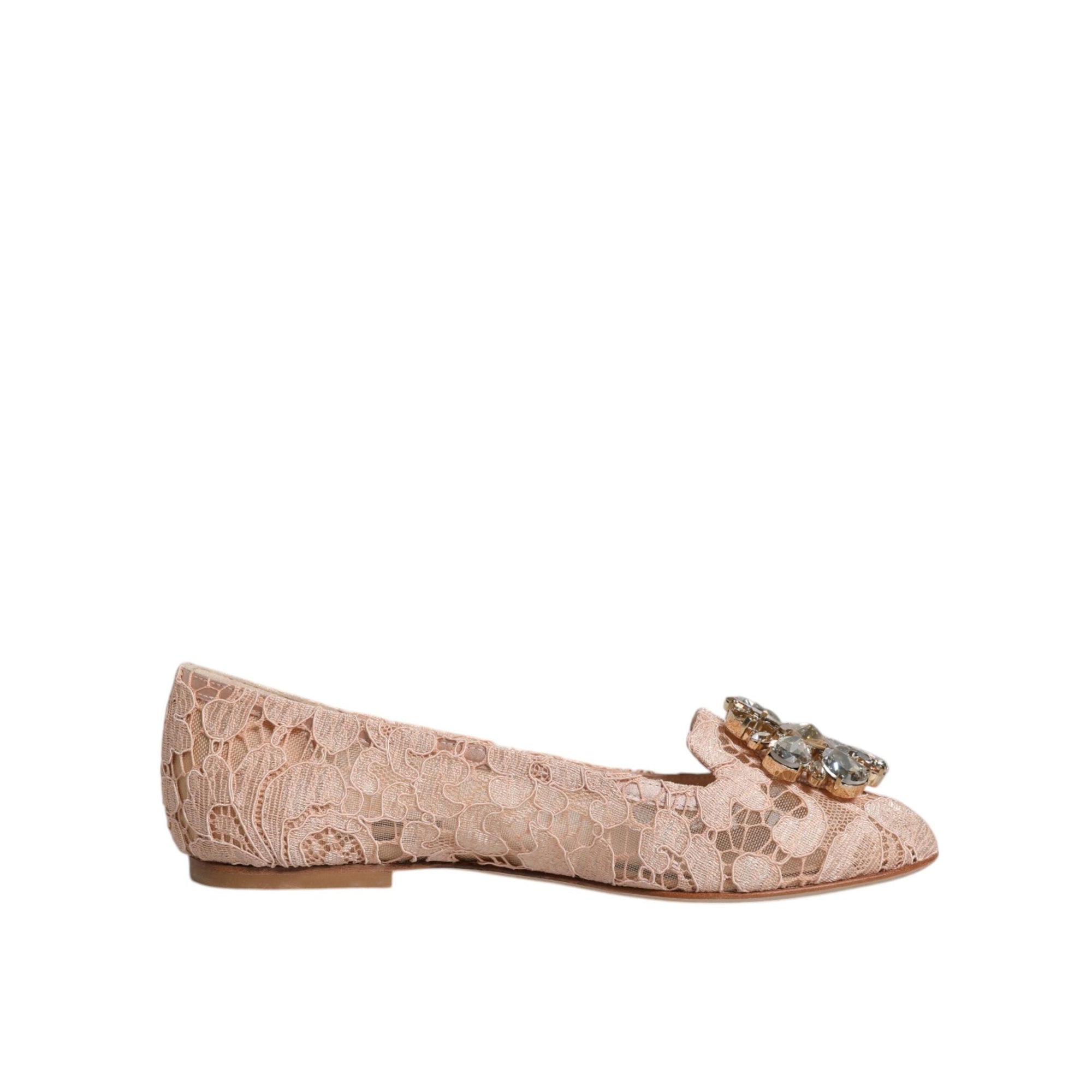 Dolce &amp; Gabbana Beige Lace Crystal Ballet Flats Loafers Shoes