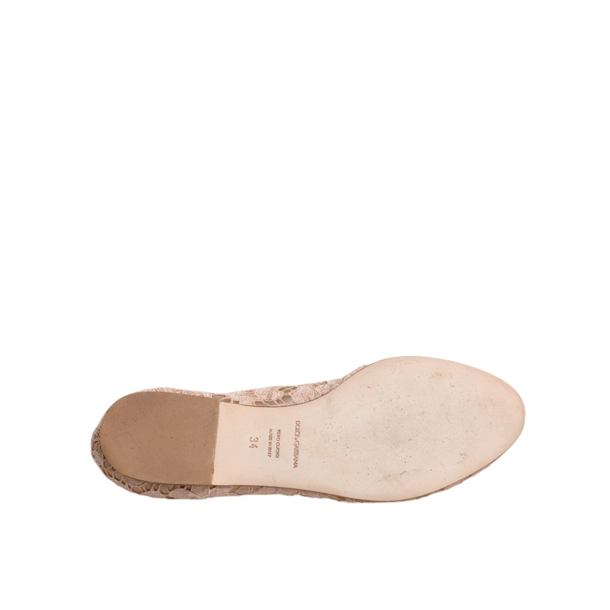 Dolce &amp; Gabbana Beige Lace Crystal Ballet Flats Loafers Shoes