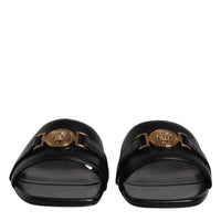 Versace Black Leather Logo Plaque Slip On Slides Flats Shoes