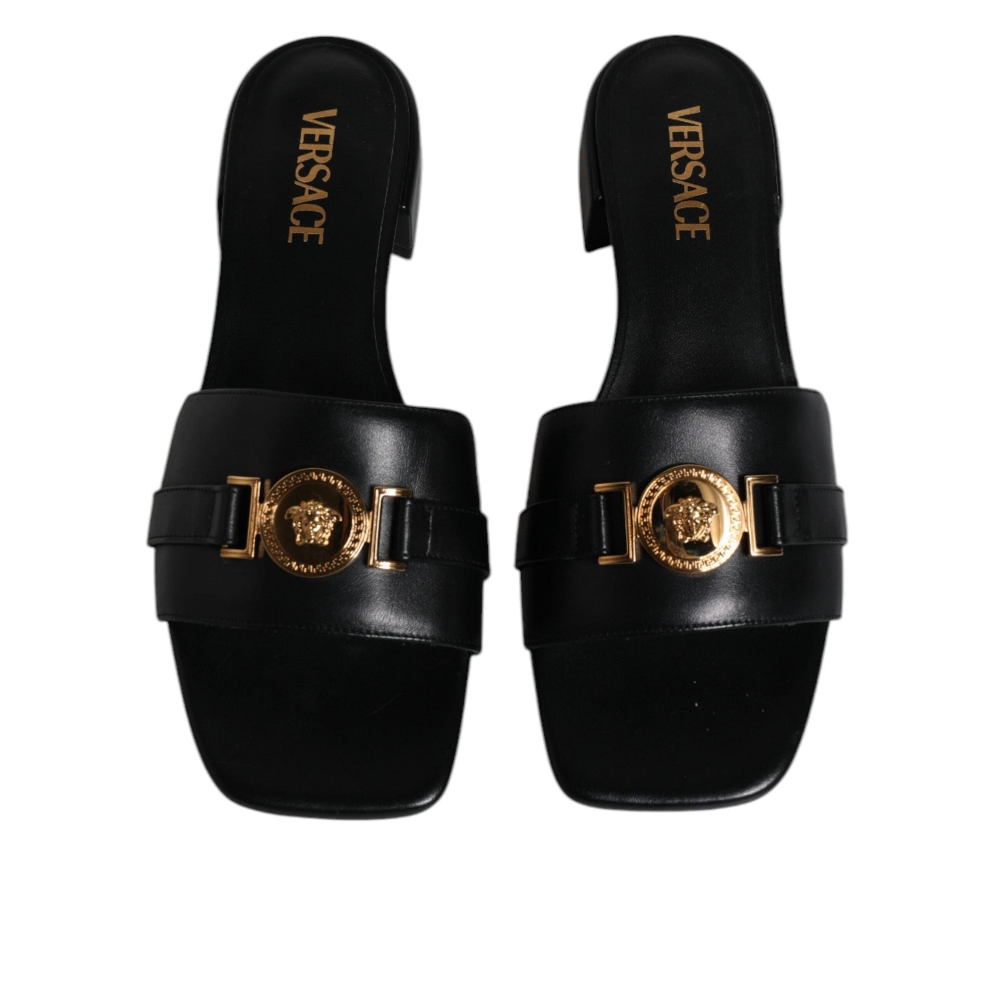 Versace Black Leather Logo Plaque Slip On Slides Flats Shoes