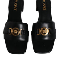 Versace Black Leather Logo Plaque Slip On Slides Flats Shoes