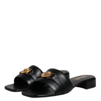 Versace Black Leather Logo Plaque Slip On Slides Flats Shoes