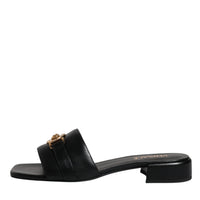 Versace Black Leather Logo Plaque Slip On Slides Flats Shoes