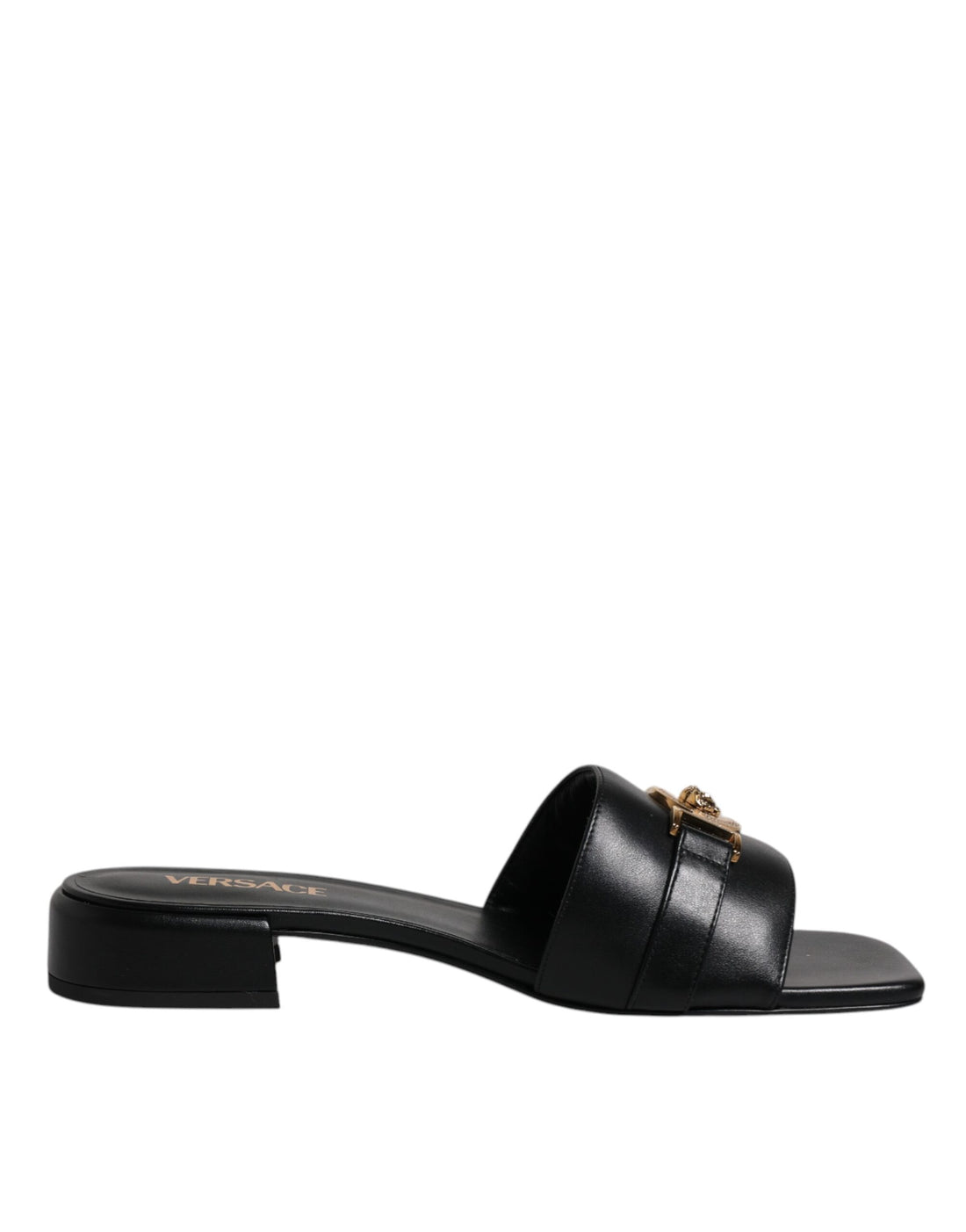 Versace Black Leather Logo Plaque Slip On Slides Flats Shoes