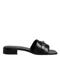 Versace Black Leather Logo Plaque Slip On Slides Flats Shoes