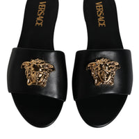 Versace Black Leather Logo Plaque Slip On Slides Flats Shoes