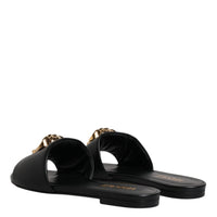 Versace Black Leather Logo Plaque Slip On Slides Flats Shoes