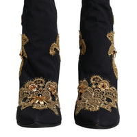 Dolce & Gabbana Black Gold Embroidery Slip On Boots Shoes