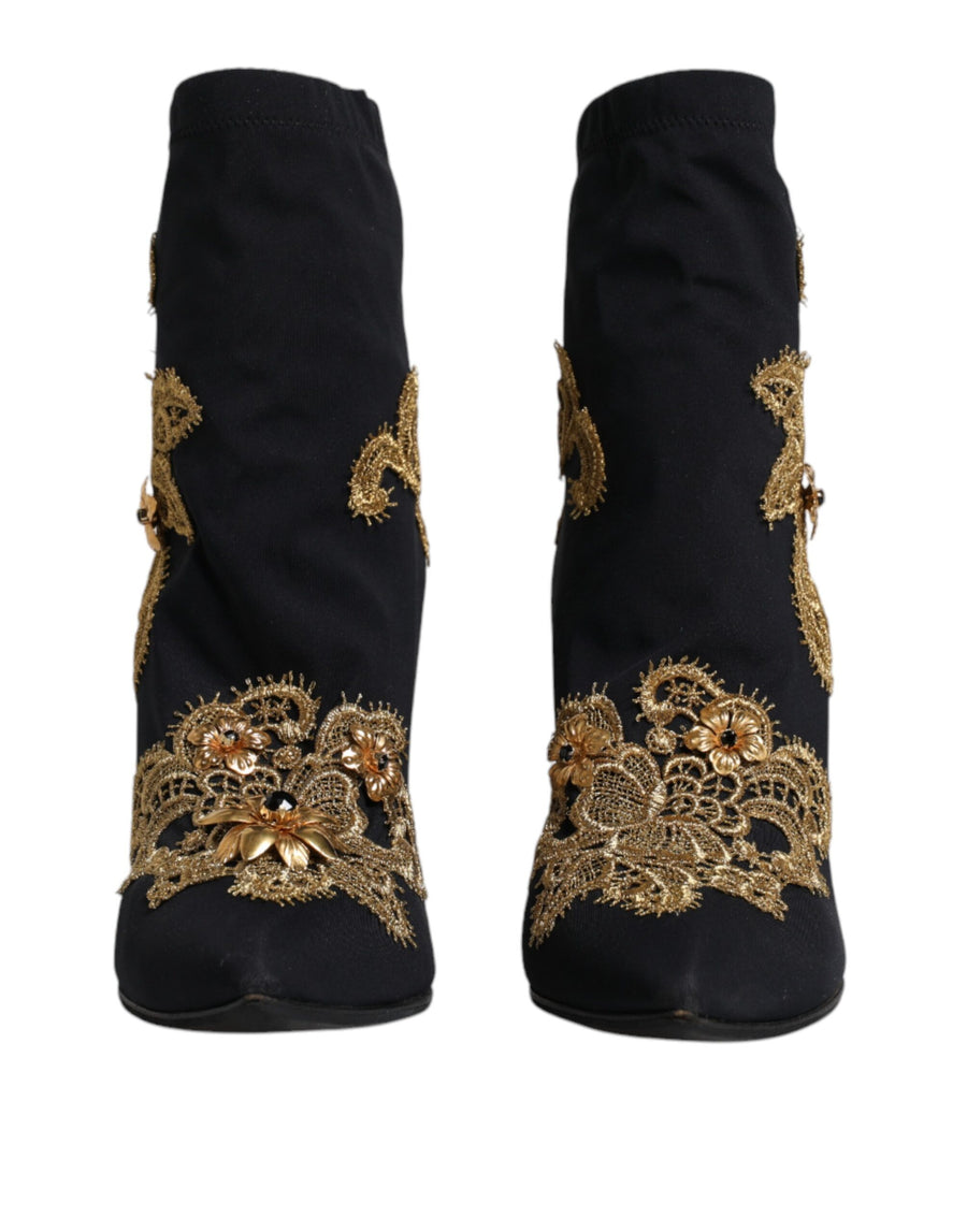 Dolce & Gabbana Black Gold Embroidery Slip On Boots Shoes