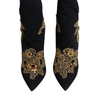 Dolce & Gabbana Black Gold Embroidery Slip On Boots Shoes