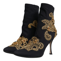 Dolce & Gabbana Black Gold Embroidery Slip On Boots Shoes