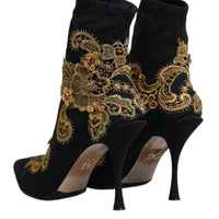 Dolce & Gabbana Black Gold Embroidery Slip On Boots Shoes