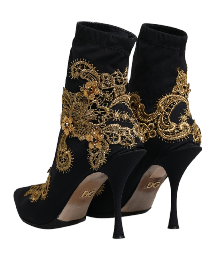 Dolce & Gabbana Black Gold Embroidery Slip On Boots Shoes