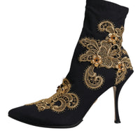 Dolce & Gabbana Black Gold Embroidery Slip On Boots Shoes