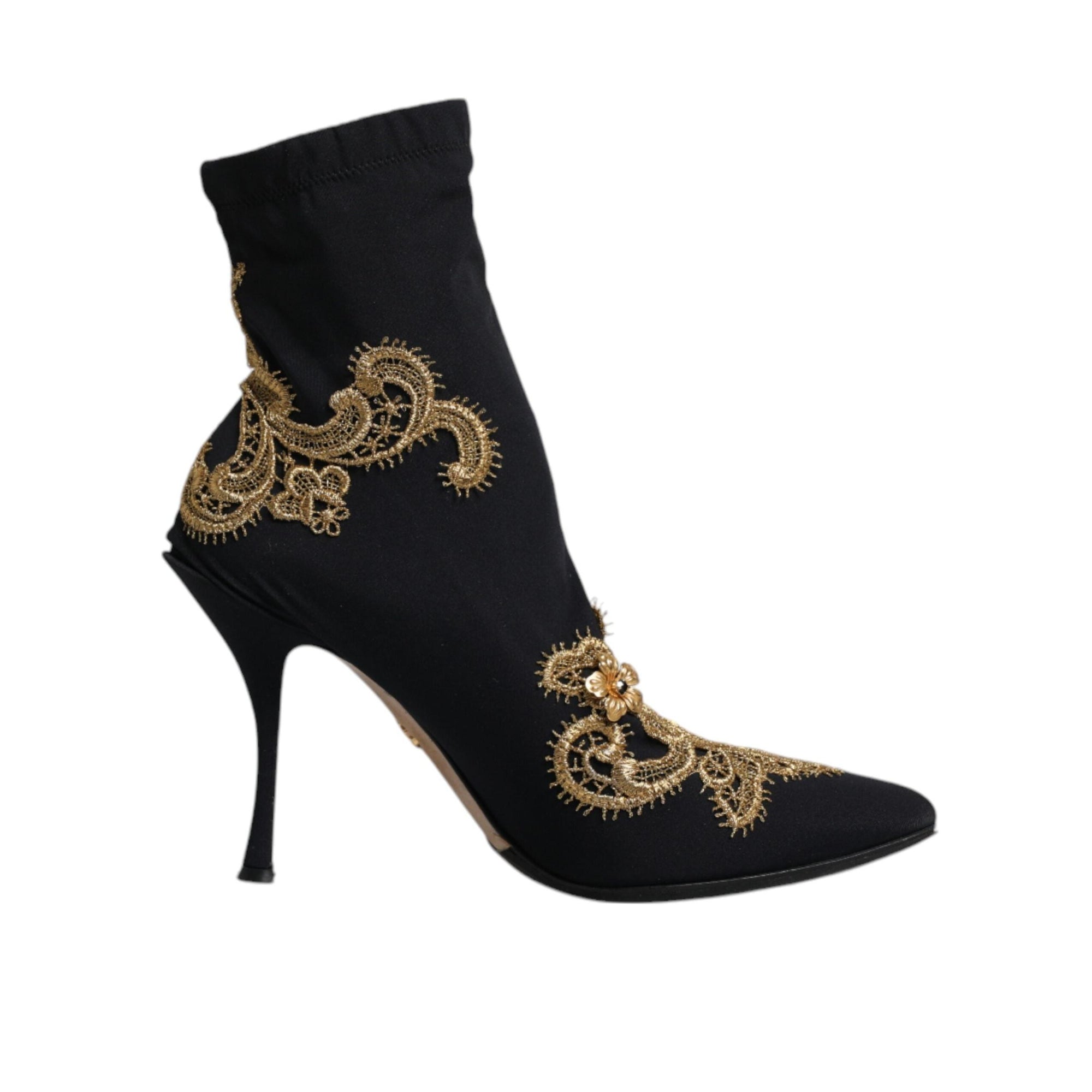 Dolce &amp; Gabbana Black Gold Embroidery Slip On Boots Shoes