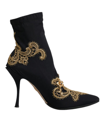 Dolce & Gabbana Black Gold Embroidery Slip On Boots Shoes