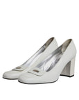 Dolce & Gabbana White Leather Block Heels Pumps Shoes