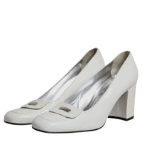 Dolce & Gabbana White Leather Block Heels Pumps Shoes