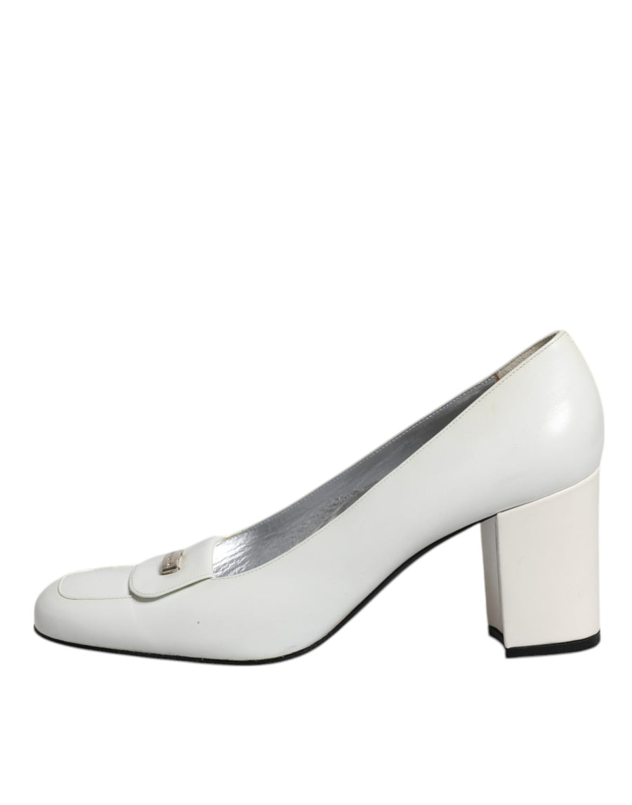 Dolce & Gabbana White Leather Block Heels Pumps Shoes