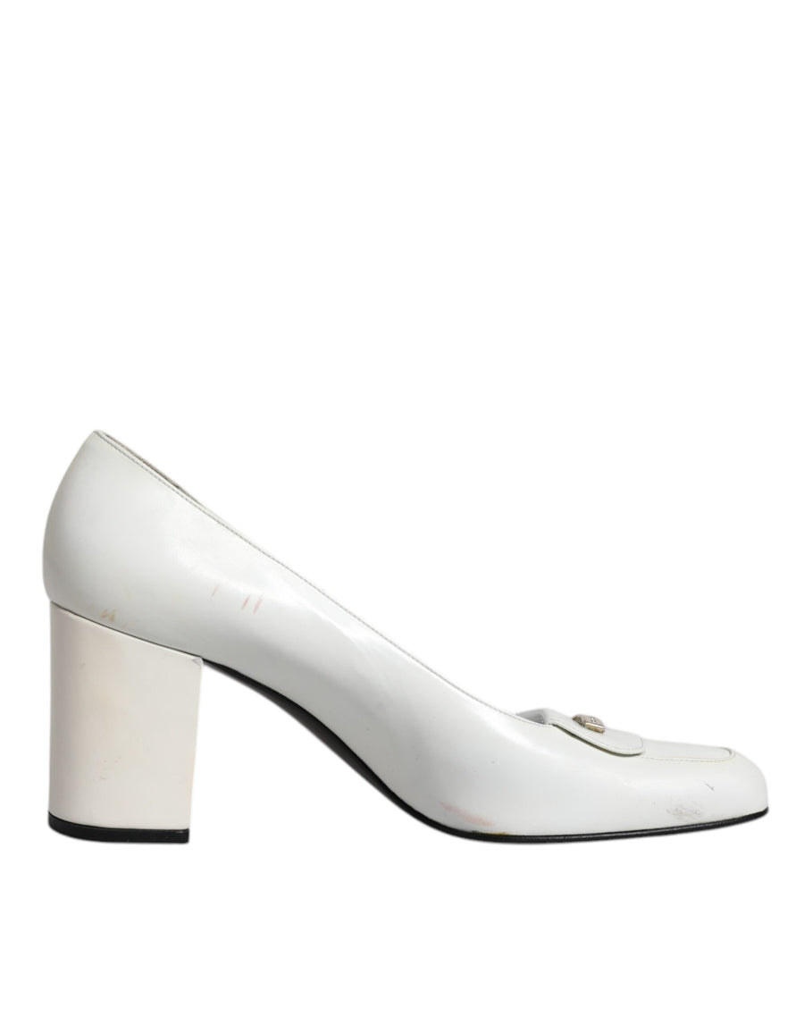 Dolce & Gabbana White Leather Block Heels Pumps Shoes