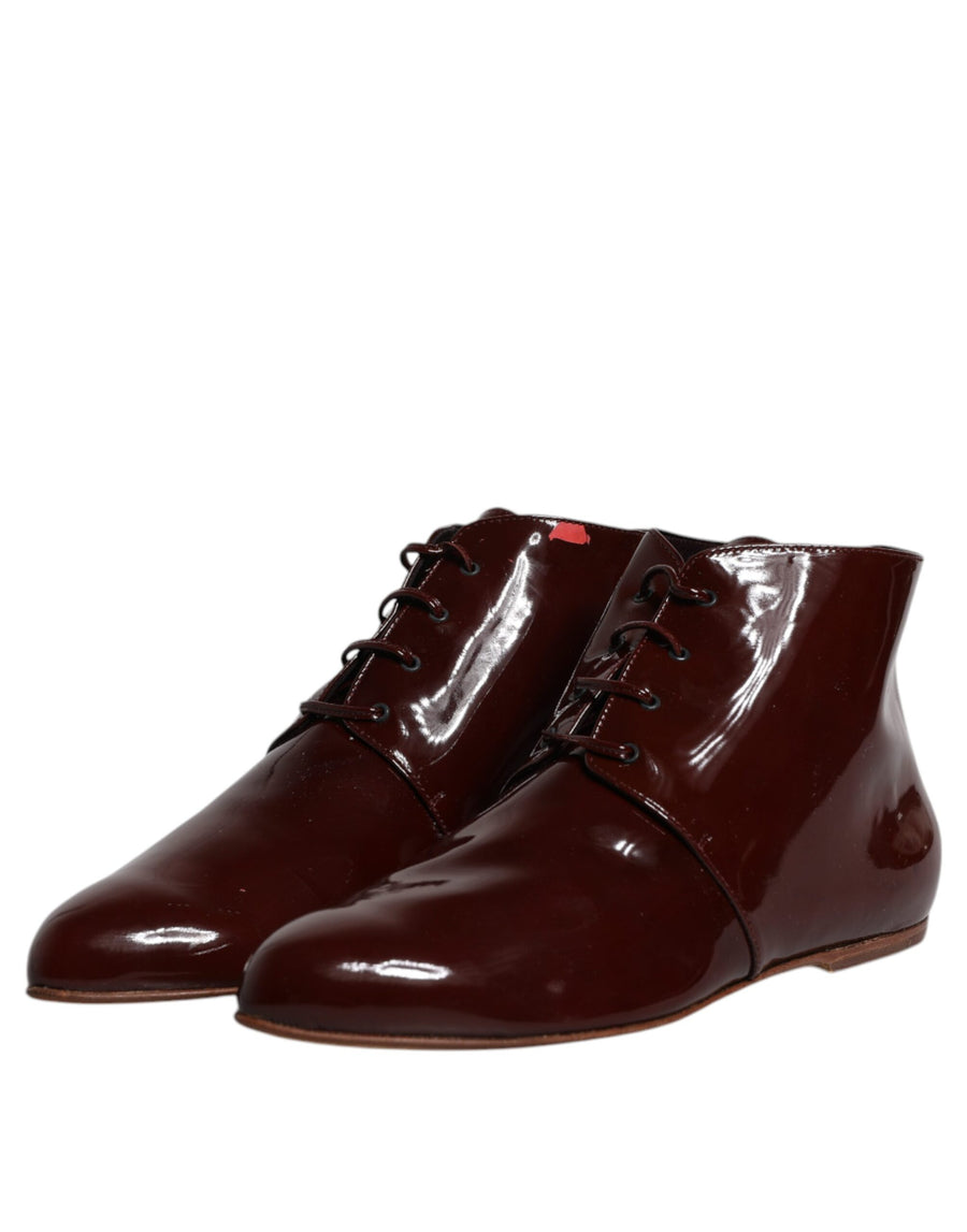 Dolce & Gabbana Maroon Leather Lace Up Ankle Boots Shoes