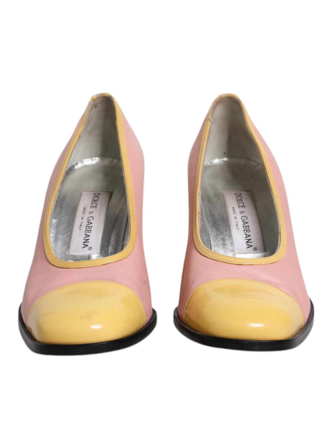 Dolce & Gabbana Pink Yellow Leather Block Heels Pumps Shoes