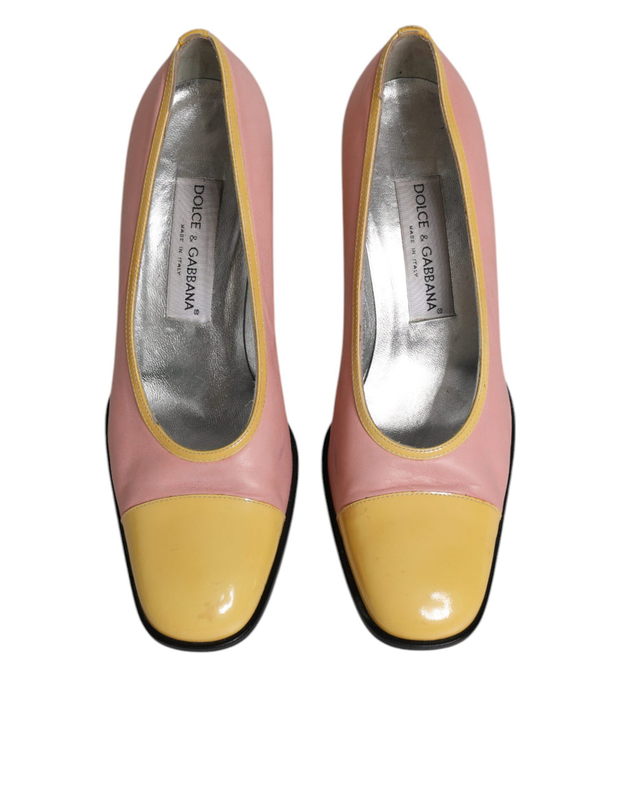 Dolce & Gabbana Pink Yellow Leather Block Heels Pumps Shoes