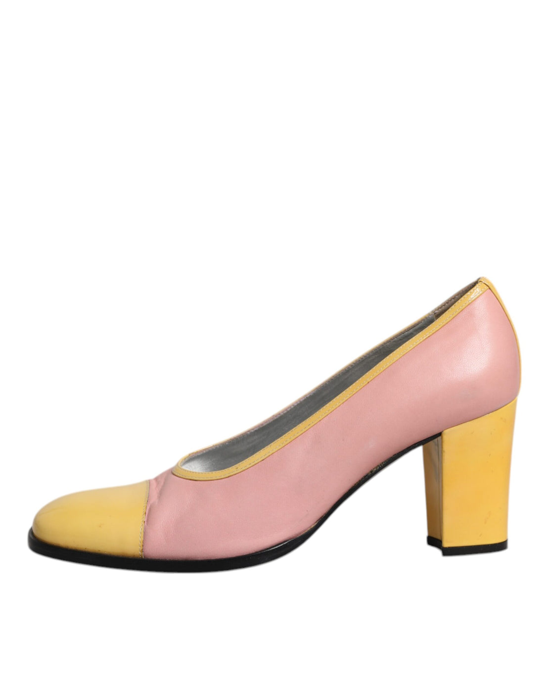 Dolce & Gabbana Pink Yellow Leather Block Heels Pumps Shoes