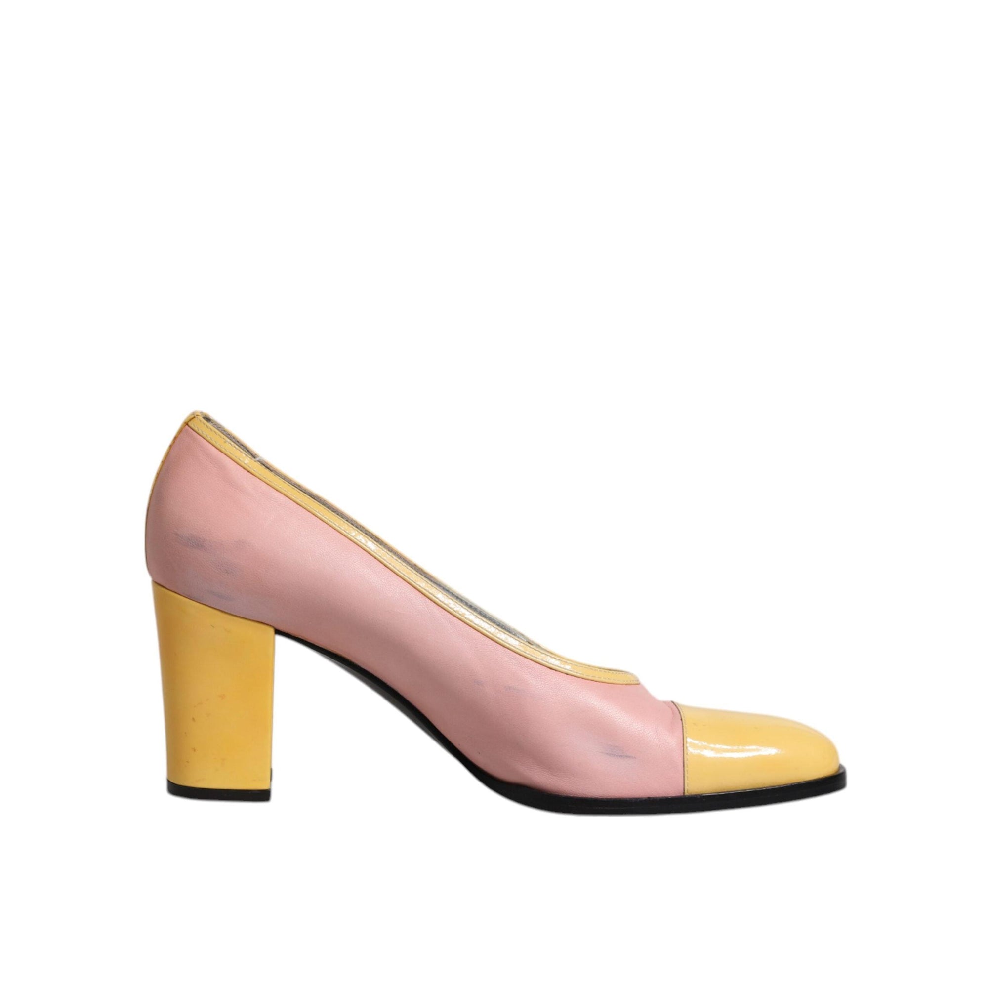 Dolce &amp; Gabbana Pink Yellow Leather Block Heels Pumps Shoes
