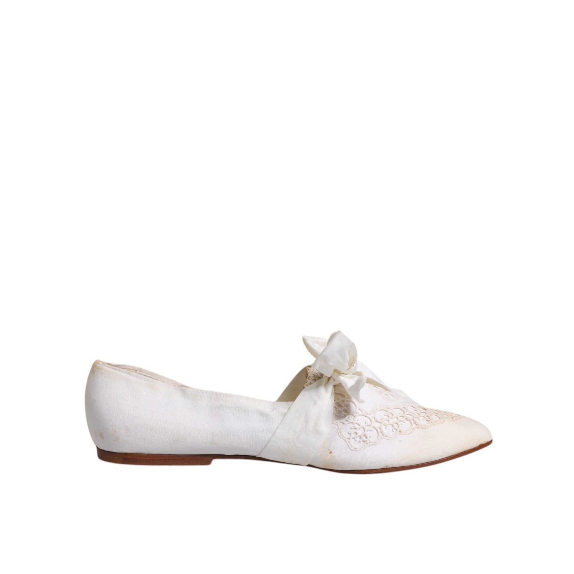 Dolce &amp; Gabbana White Ribbon Fabric Ballerina Flats Shoes