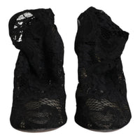 Dolce & Gabbana Black Lace Stretch Heels Mid Calf Boots Shoes