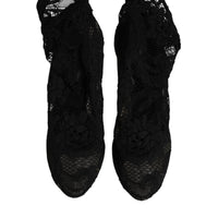 Dolce & Gabbana Black Lace Stretch Heels Mid Calf Boots Shoes