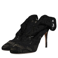 Dolce & Gabbana Black Lace Stretch Heels Mid Calf Boots Shoes