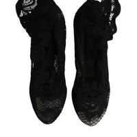 Dolce & Gabbana Black Lace Stretch Heels Mid Calf Boots Shoes