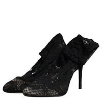 Dolce & Gabbana Black Lace Stretch Heels Mid Calf Boots Shoes