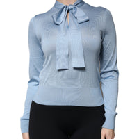 Dolce & Gabbana Blue Silk Knit Pullover Ascot Collar Top