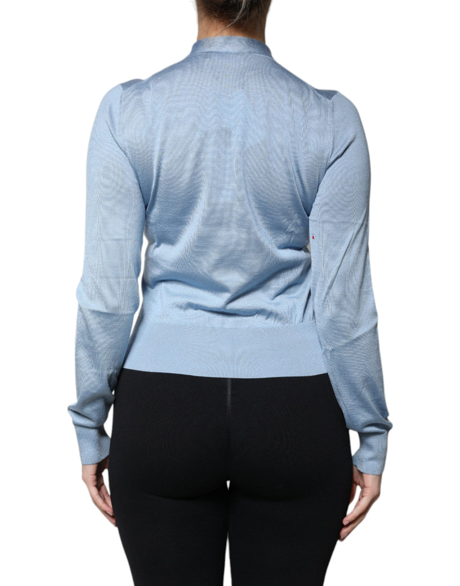 Dolce & Gabbana Blue Silk Knit Pullover Ascot Collar Top