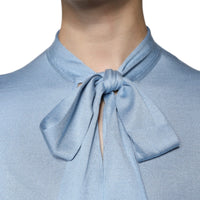 Dolce & Gabbana Blue Silk Knit Pullover Ascot Collar Top