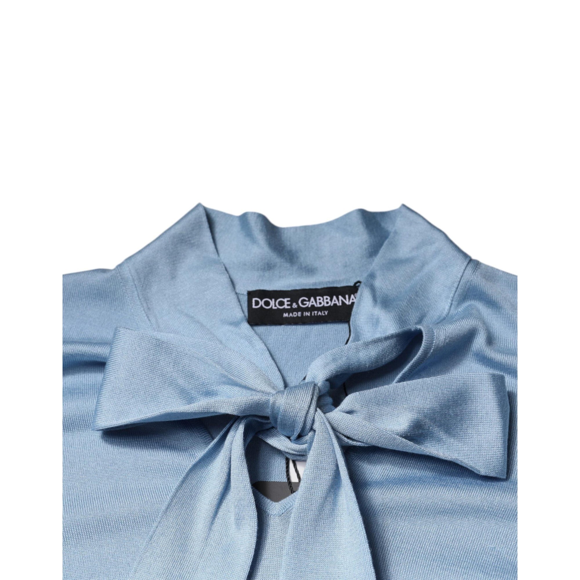 Dolce &amp; Gabbana Blue Silk Knit Pullover Ascot Collar Top