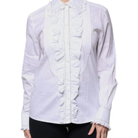 Dolce & Gabbana White Cotton Long Sleeves Ruffle Collar Top