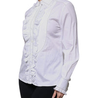 Dolce & Gabbana White Cotton Long Sleeves Ruffle Collar Top