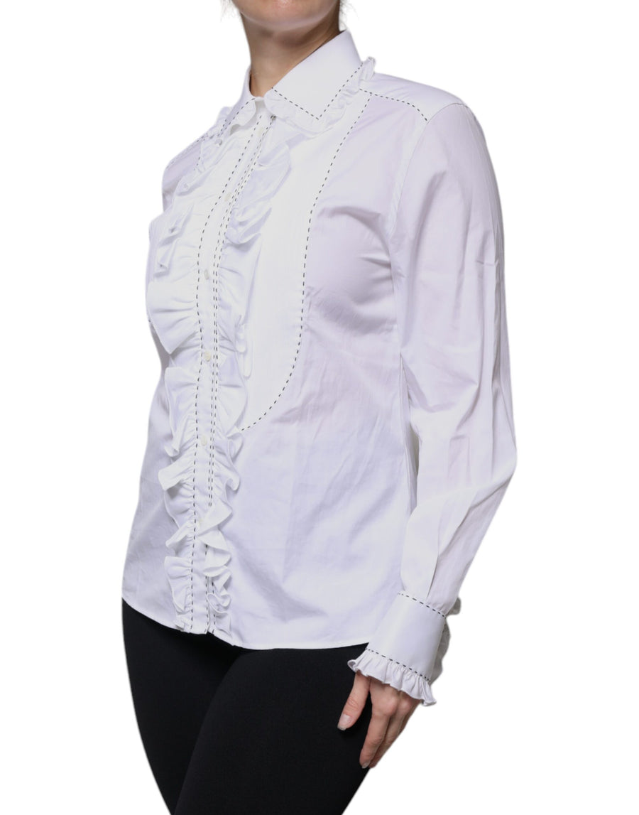 Dolce & Gabbana White Cotton Long Sleeves Ruffle Collar Top