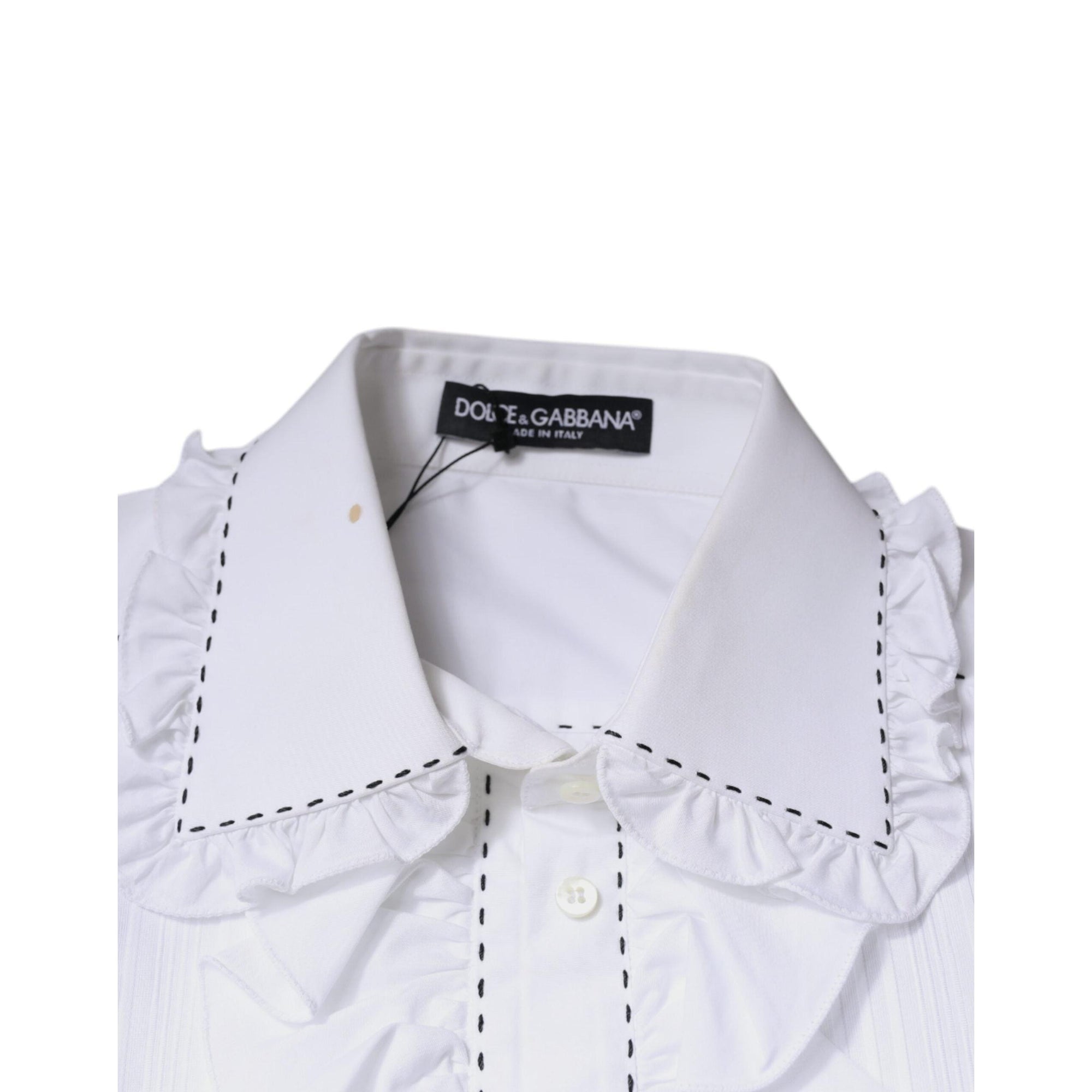 Dolce &amp; Gabbana White Cotton Long Sleeves Ruffle Collar Top