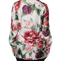 Dolce & Gabbana White Peony Silk Long Sleeves Collared Blouse Top